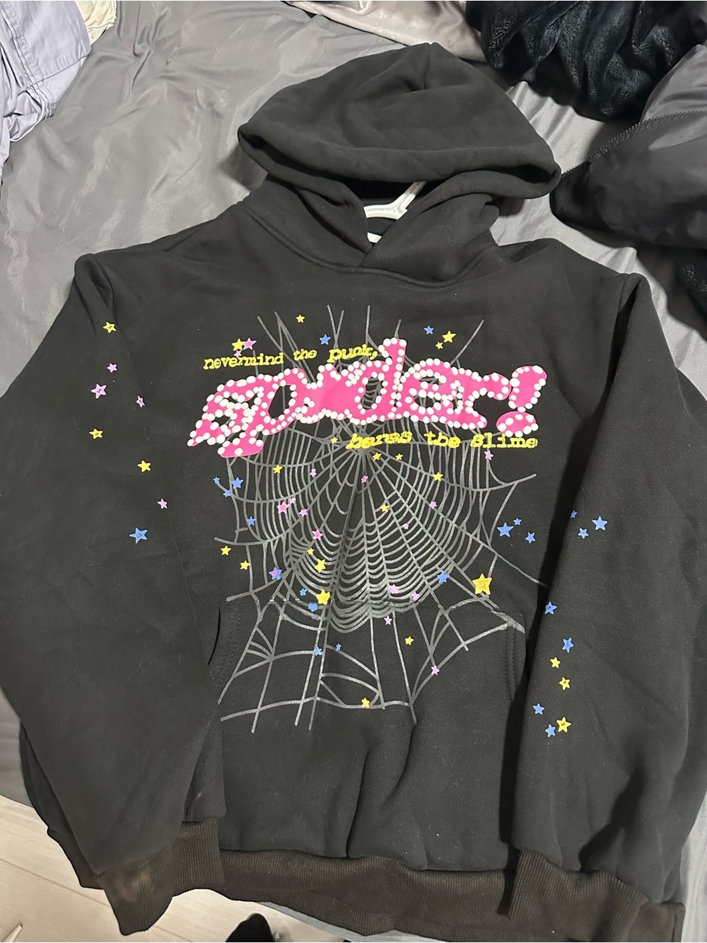 Black Graphic Hoodie with Pink Studded 'Spider' Logo